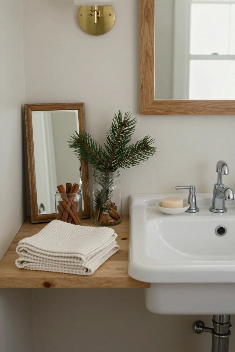 Close-up view of a white bathroom sink with wooden shelf holding folded white towels, a jar of pine branches and cinnamon sticks, a small vintage mirror, and soap dish next to chrome faucet.