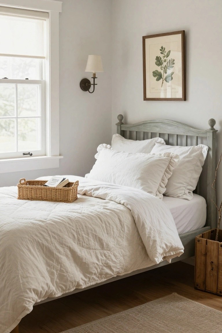 Gray-painted spindle bed with white ruffled pillows, quilted duvet, and wicker tray holding a book, in a light gray bedroom with botanical wall art, wall sconce, window, and wooden crate nearby.