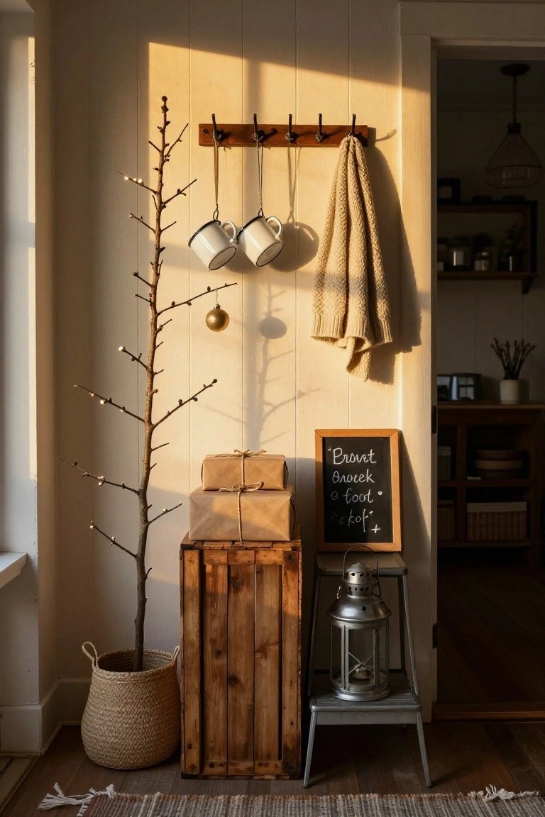 Sunlit interior corner with a slender lit twig Christmas tree, stacked wooden crates holding wrapped gifts, hanging white enamel mugs on a wooden rack with a beige towel, gold ornament, chalkboard sign, lantern on a stool, and seagrass basket on light wood floors and paneled walls.
