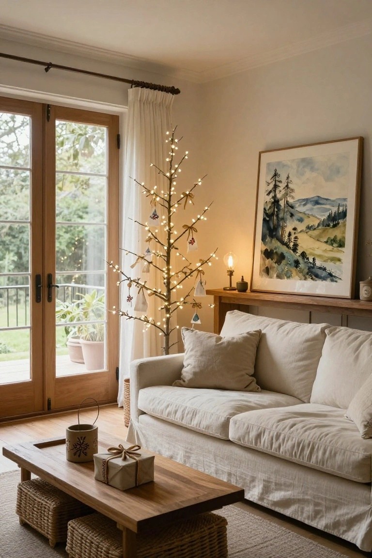 Cozy living room corner featuring a tall slender branch Christmas tree strung with fairy lights and sparse ornaments, beside a large framed watercolor landscape painting, a beige slipcovered sofa, wooden coffee table with wrapped gifts and pottery, and French doors overlooking a garden.