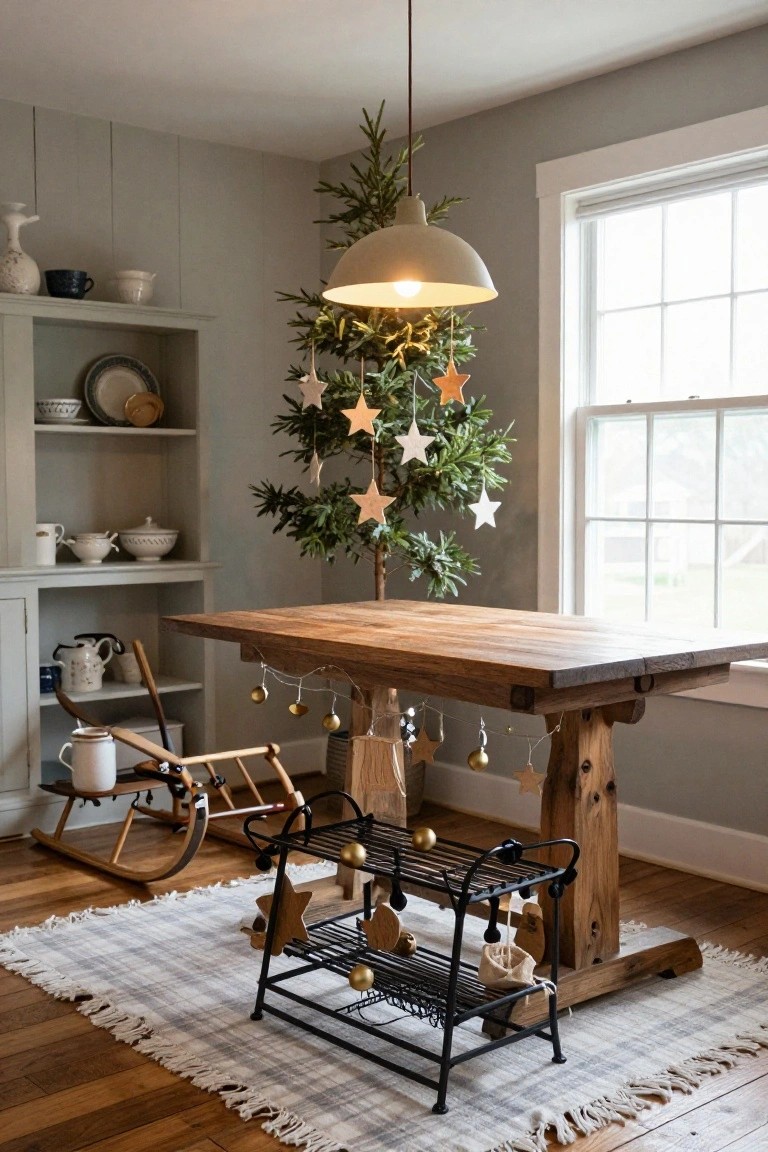 Gray interior room with a small potted evergreen Christmas tree decorated with stars and lights next to a wooden dining table, pendant lamp overhead, open shelves with dishes, and a wooden sleigh on the floor.
