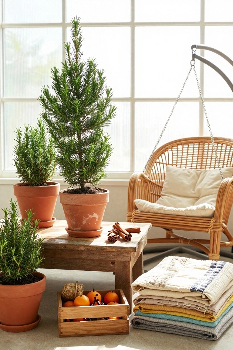 Sunlit indoor corner with small potted pine tree, rosemary plants in terracotta pots, wooden table holding oranges in a crate and cinnamon sticks, hanging rattan swing chair with cushions, and stacked quilts on the floor.