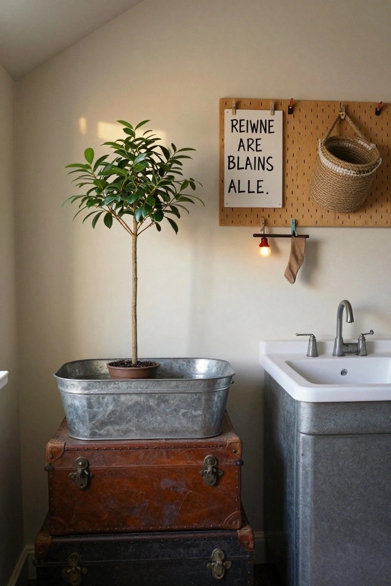 Potted ficus tree in rectangular galvanized metal tub on stacked brown leather and black suitcases next to white porcelain sink on gray metal cabinet in beige room with corkboard sign, woven baskets, and hanging sock by small red bulb light.