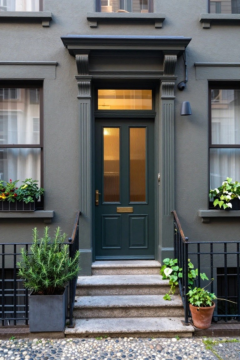 Gray townhouse exterior with dark green front door featuring glass panels, stone steps, black metal railing, potted rosemary plant, flower boxes with blooms on flanking windows, and pebbled street.