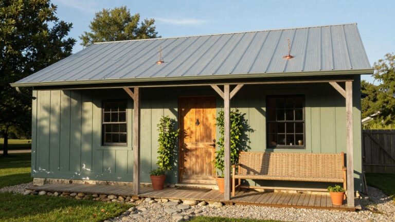A small sage-green clapboard house with a gabled metal roof, covered wooden porch featuring a bench and climbing purple flowers, black-framed windows, potted plants, and a gravel driveway edged with stones amid trees.