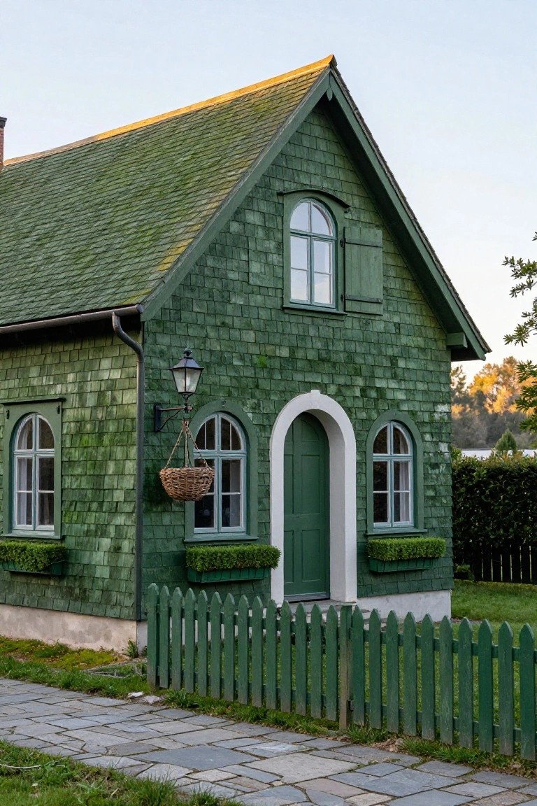 Green shingled cottage house with steeply pitched roof, arched green front door with white surround, green shutters on multipaned windows, window boxes with plants, hanging lantern light, green picket fence, and stone walkway in a yard with hedges and trees.