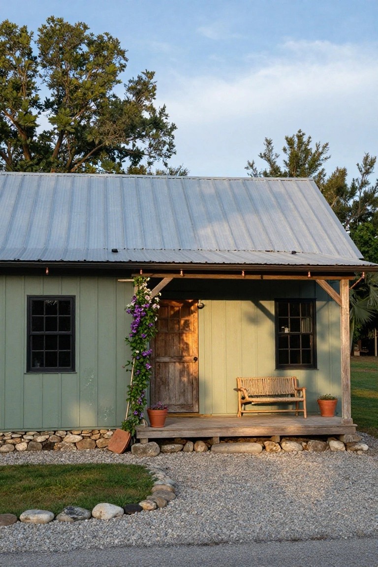 A small sage-green clapboard house with a gabled metal roof, covered wooden porch featuring a bench and climbing purple flowers, black-framed windows, potted plants, and a gravel driveway edged with stones amid trees.
