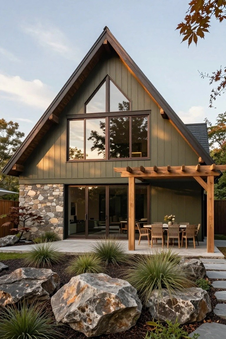 A two-story A-frame house exterior painted sage green with vertical board-and-batten siding, dark wood accents, large triangular and rectangular windows, stone base on one side, wooden pergola over a patio with dining table, large rocks and grasses in the front yard.
