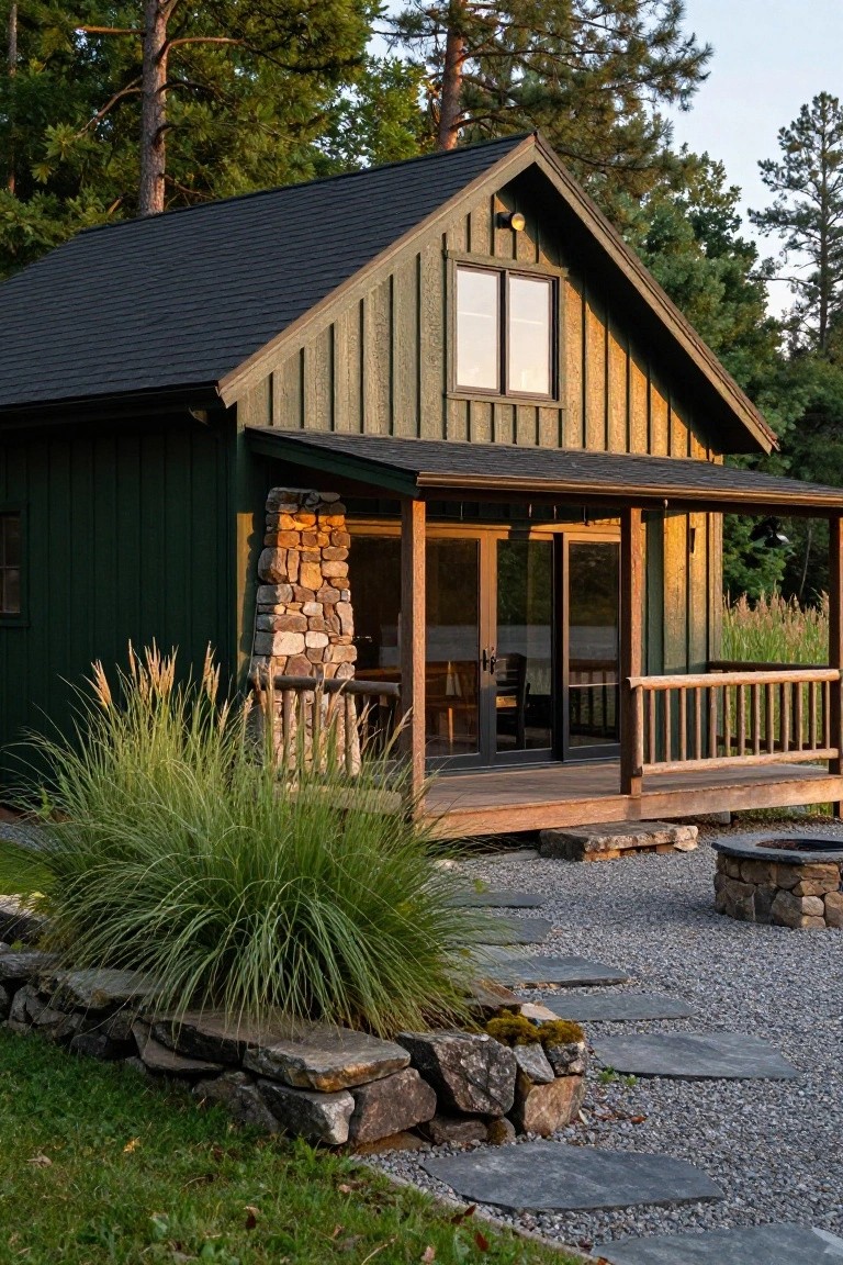 Dark green board-and-batten sided gabled cabin with covered porch, glass sliding doors, stone chimney pillar, wooden deck railing, ornamental grasses, stone retaining wall, gravel path, and stone fire pit in a forested setting.