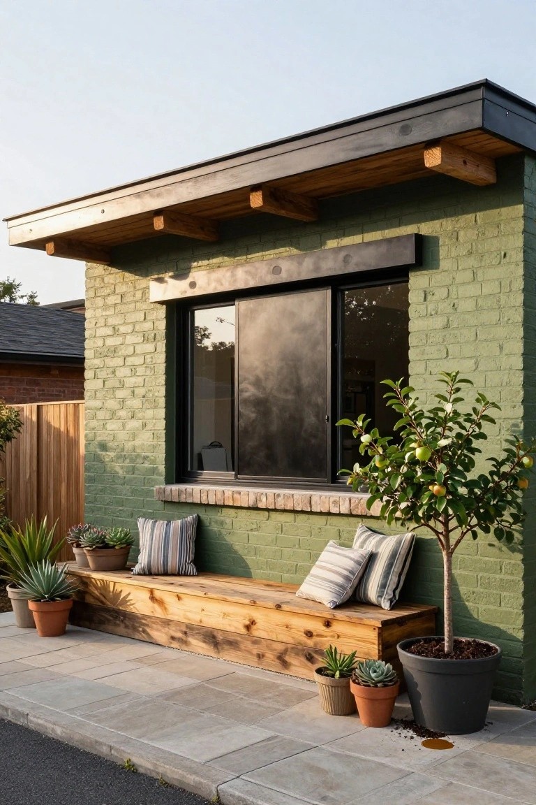Green brick house exterior wall with black sliding window, overhanging wooden roof beams, built-in wooden bench with cushions, potted agave succulents citrus tree and aloe plants along a paved sidewalk.