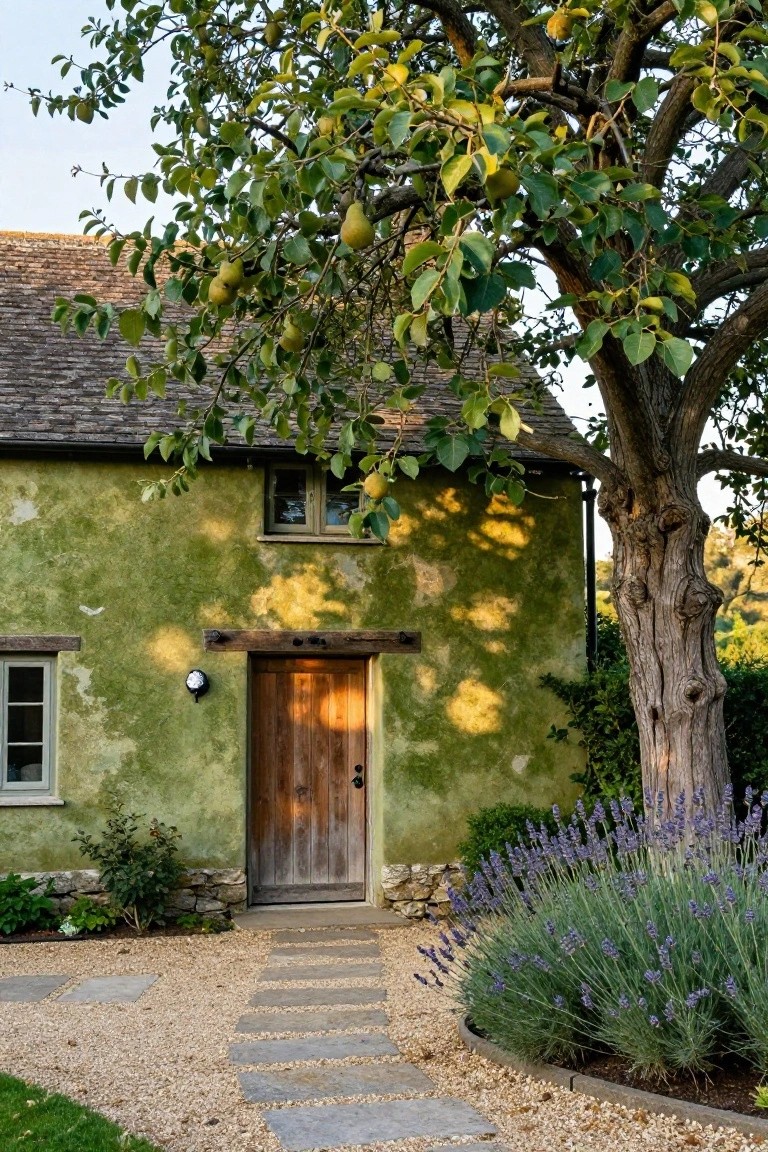 Green textured plaster cottage exterior with wooden door, small windows, large overhanging pear tree, lavender plants, and stone path on gravel.