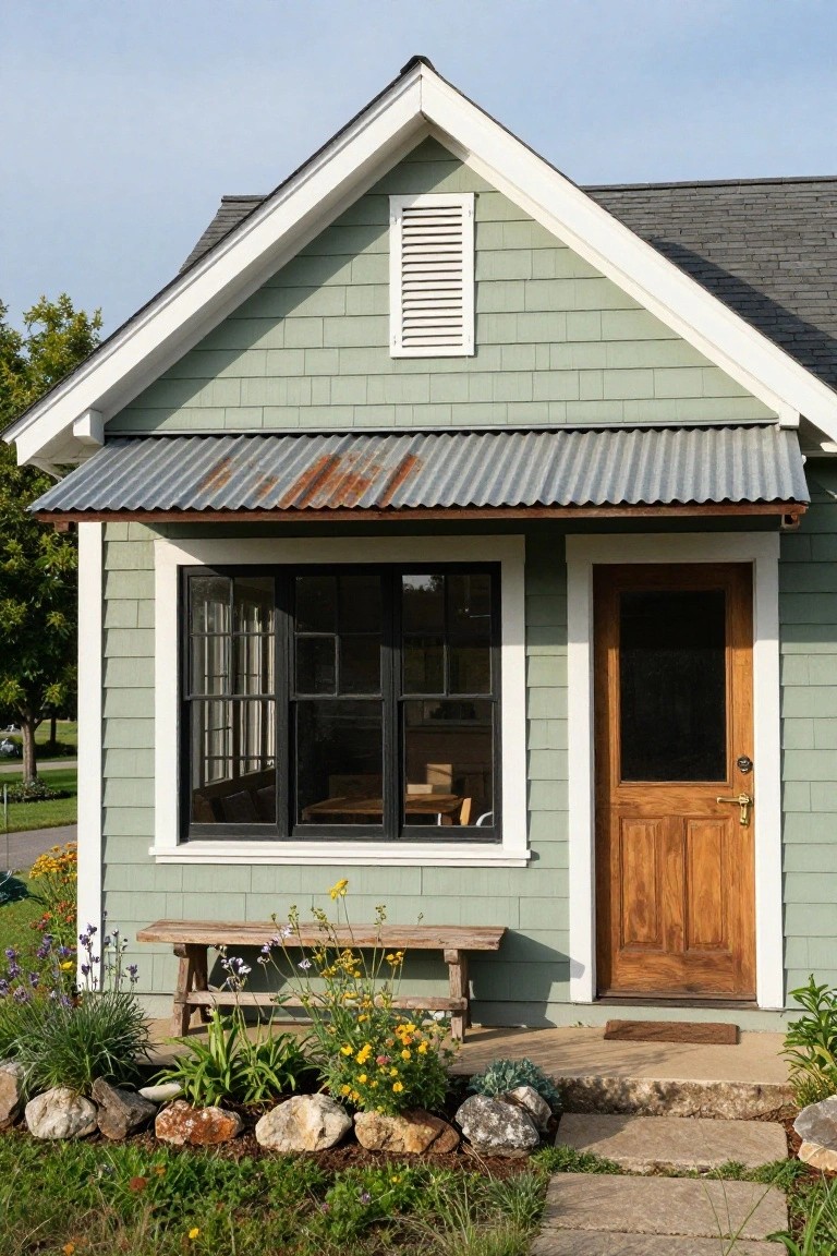 Sage green shingle-sided cottage with rusted corrugated metal awning over wooden front door and windows, wooden bench, and rock-edged landscaping.