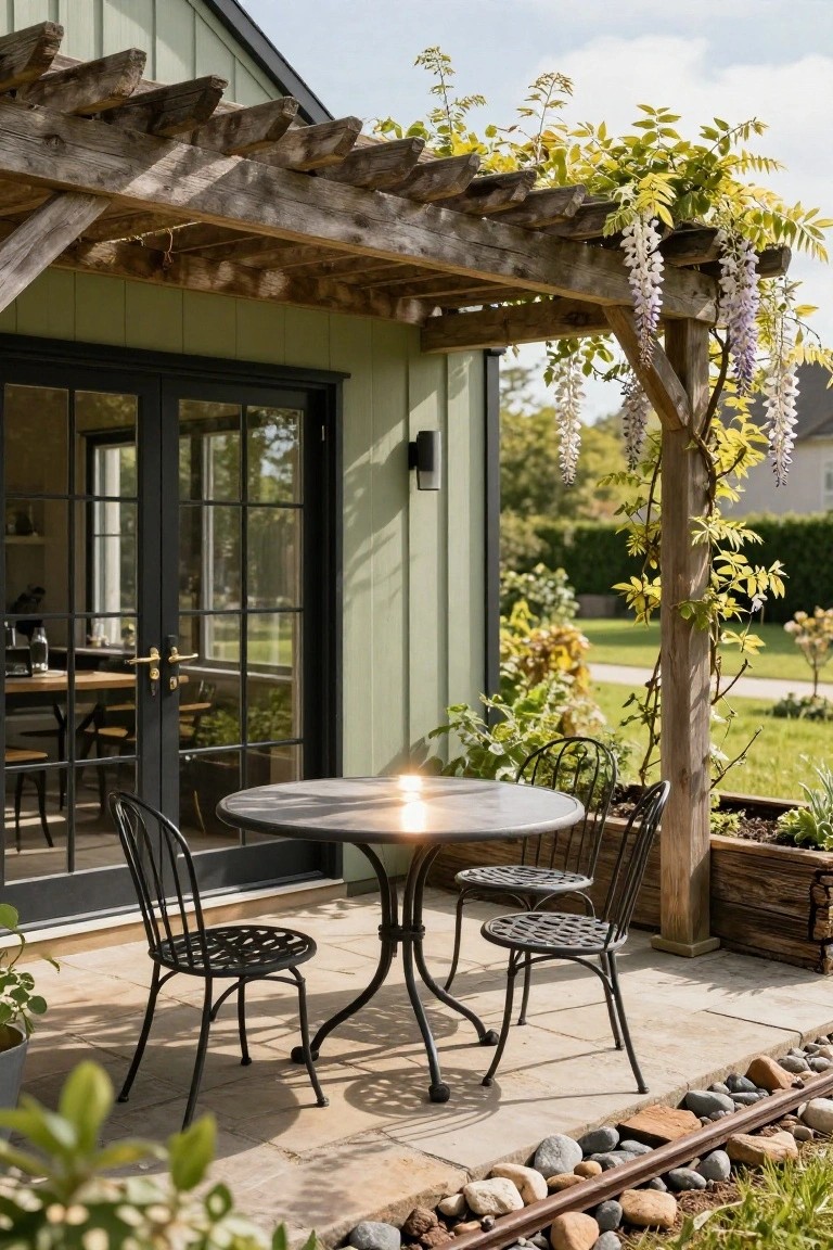 Wooden pergola covered in yellowing wisteria vines shades a stone-paved patio with a round black metal table and three black metal chairs next to a green house wall with black-framed French doors, surrounded by plants and garden beds.