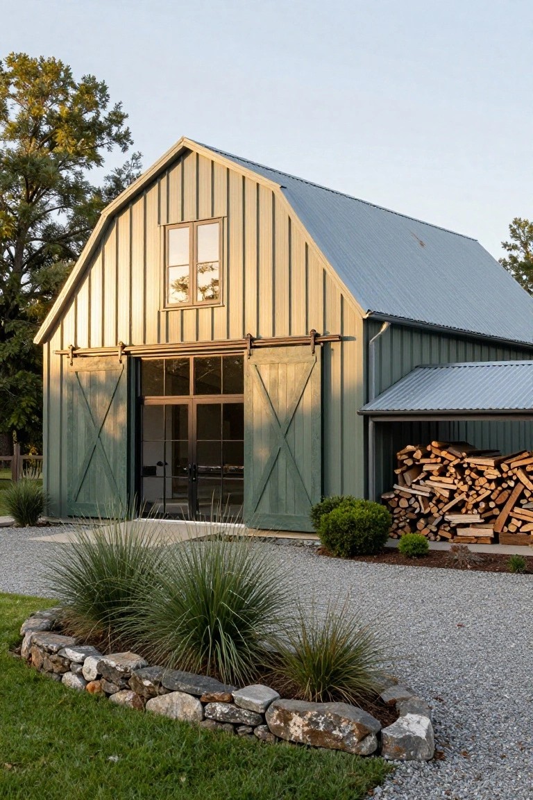 Green board-and-batten barn-style house with gambrel roof, large sliding barn doors featuring glass panels, firewood stack under a lean-to roof, stone-edged ornamental grasses, and gravel driveway.
