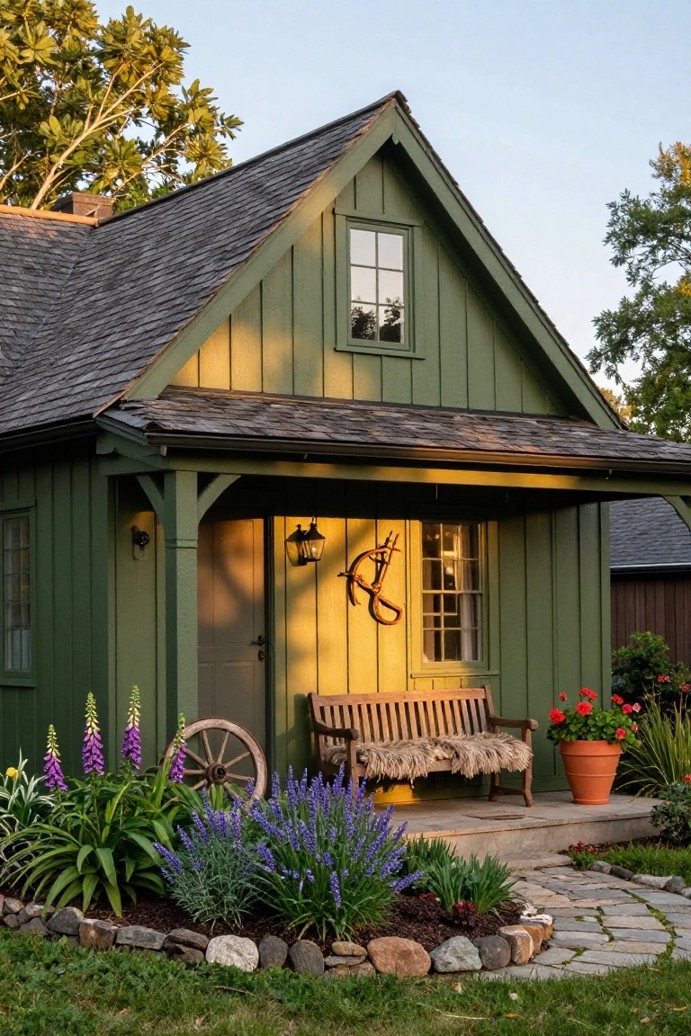 Small green-painted wooden cottage with board-and-batten siding, gabled shingle roof, covered porch featuring wooden bench, lanterns, horse hitch, potted plants, foxglove and lavender flowers, stone garden edging, and gravel path.