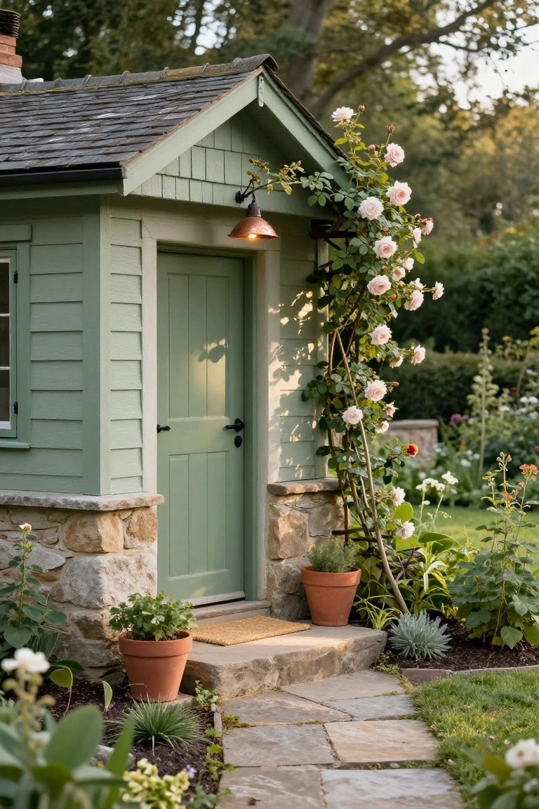 Sage green wooden garden shed with green door, copper lantern light, climbing pink roses on trellis, potted plants, stone foundation and steps, leading to a garden path surrounded by flowers and greenery.