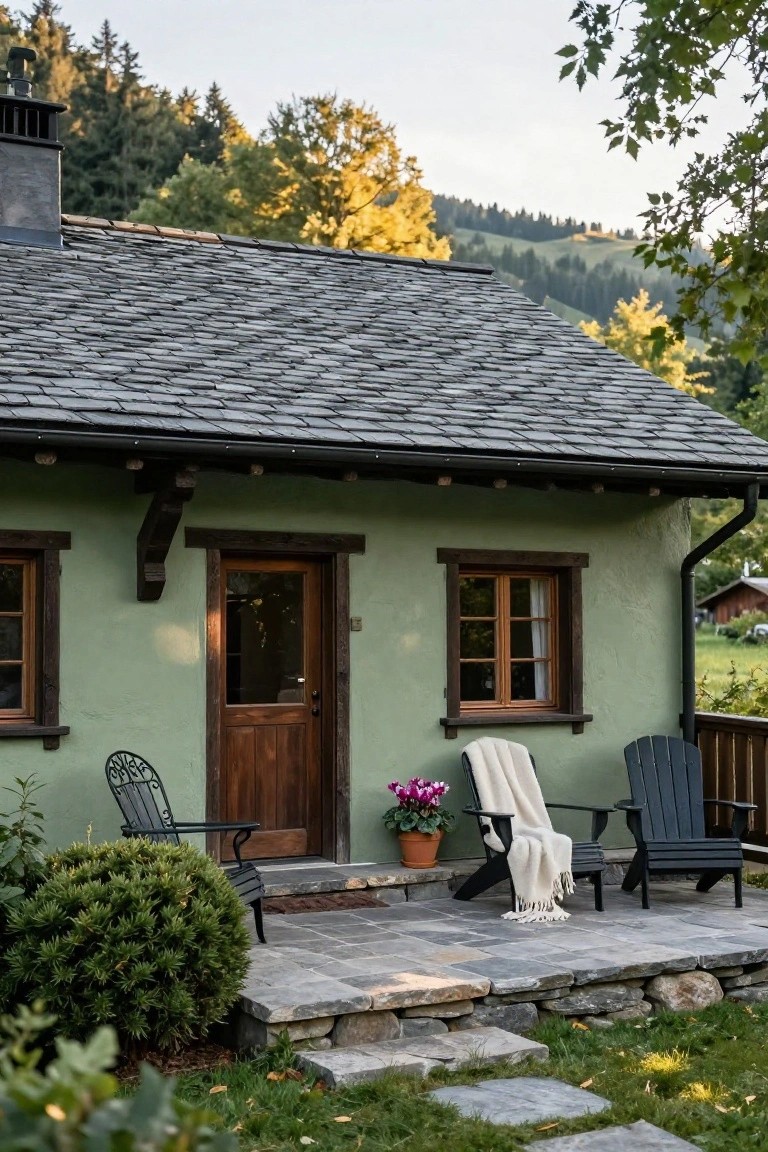 Green stucco chalet house with slate tile roof, wooden door and window frames, two Adirondack chairs draped with white blankets on a stone porch, potted pink flowers, shrubs, and surrounding autumn forest and mountains.