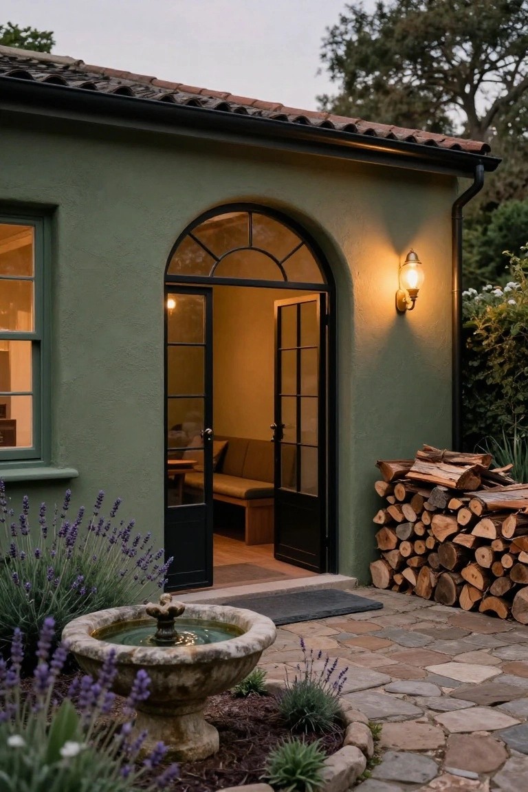 Green stucco building exterior with arched black metal doors open to interior bench and table, flanked by lavender plants, stone fountain, firewood stack, and stone pavers.