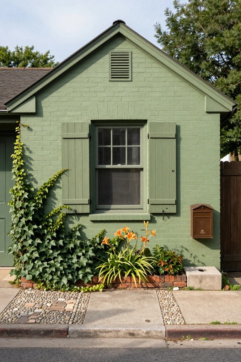 A small sage green painted brick house with gabled roof, green shutters on a window, climbing ivy on the left wall, orange daylilies and other plants in front, brick mailbox, and a pebble-bordered concrete path along the sidewalk.