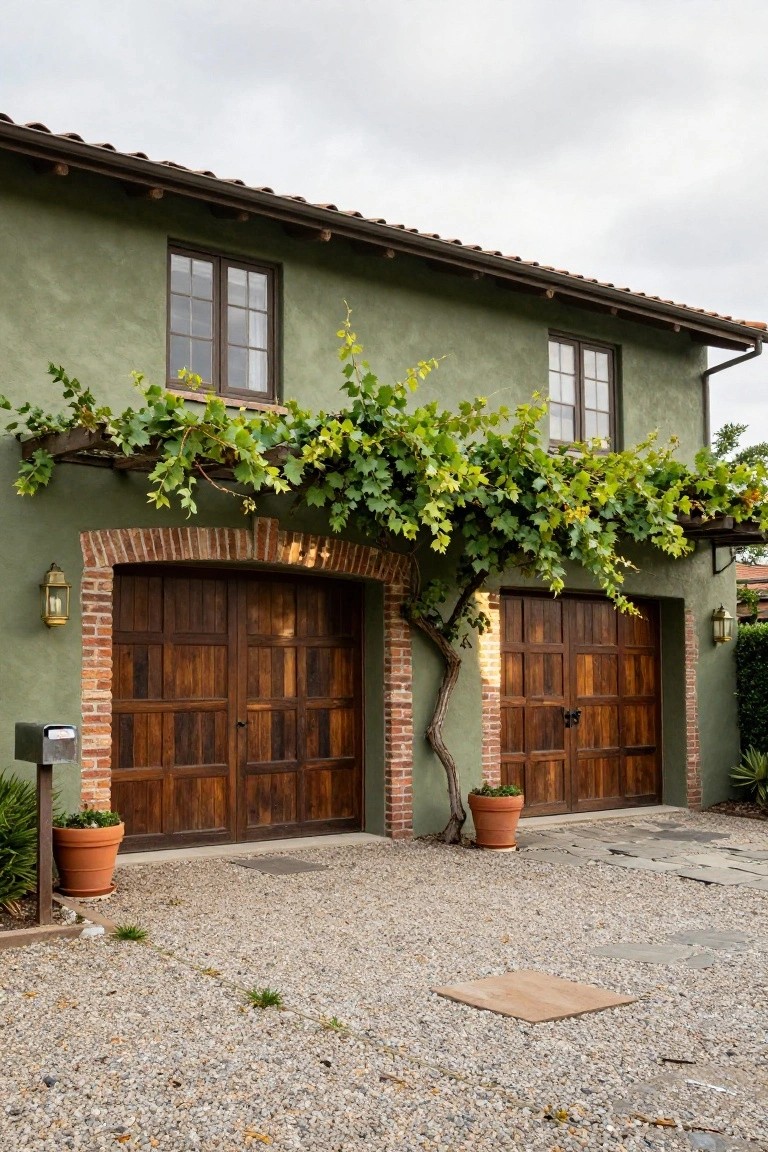 Green stucco house exterior featuring double wooden garage doors under brick arches, with a pergola overhead covered in lush grapevines, lantern lights on each side, potted plants, and a gravel driveway.