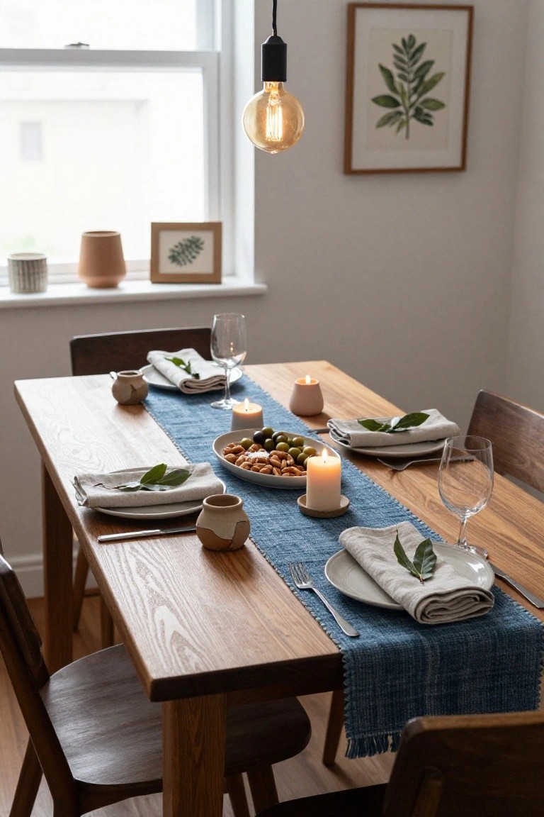 Wooden dining table set for four places with beige linen napkins each garnished with green bay leaves, white plates, forks and knives, bowls of olives and nuts, small ceramic pots, white pillar candles, wine glasses, and a blue woven runner centered on the table.