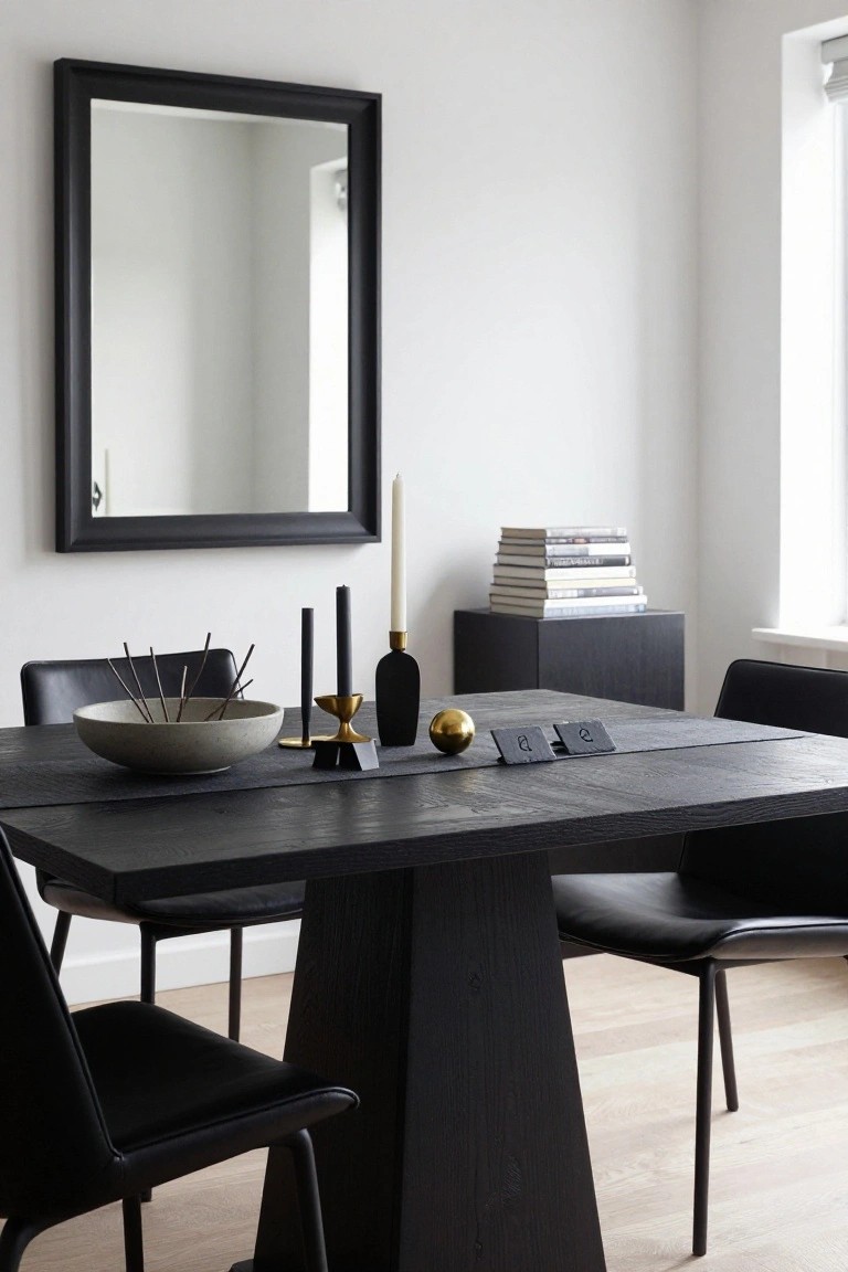 Black wood dining table in a white-walled room with black leather chairs, brass candleholders with white candles, gold ball, slate coasters marked A and Q, gray bowl with twigs, black shelf with books, and large black-framed mirror near window.