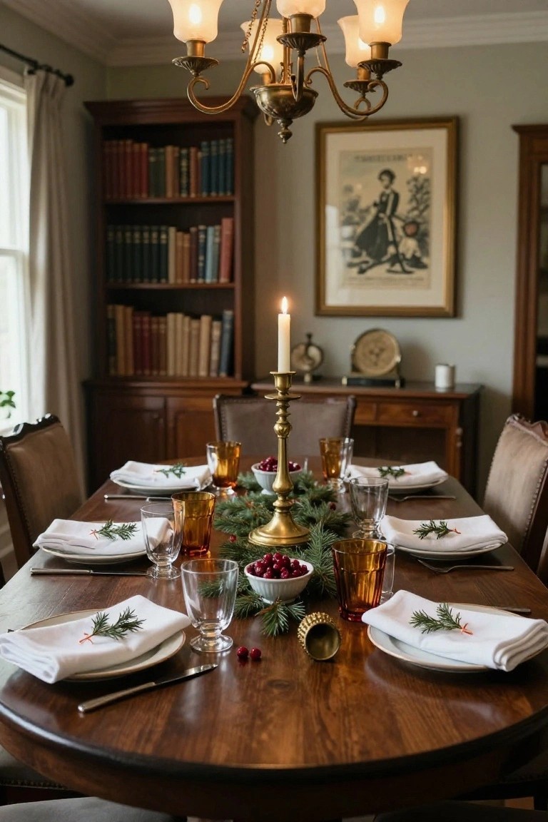 Oval wooden dining table set for Christmas with central evergreen garland, brass candlestick, bowls of red cranberries, amber glassware, white napkins with rosemary sprigs, and upholstered chairs in a room with bookshelves, chandelier, and framed artwork.