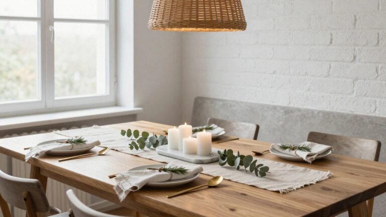 Wooden dining table with white linen runner edged in eucalyptus leaves, multiple white pillar candles, gold flatware, white plates with linen napkins tied in rosemary sprigs, wooden chairs, rattan pendant light overhead, white brick accent wall.