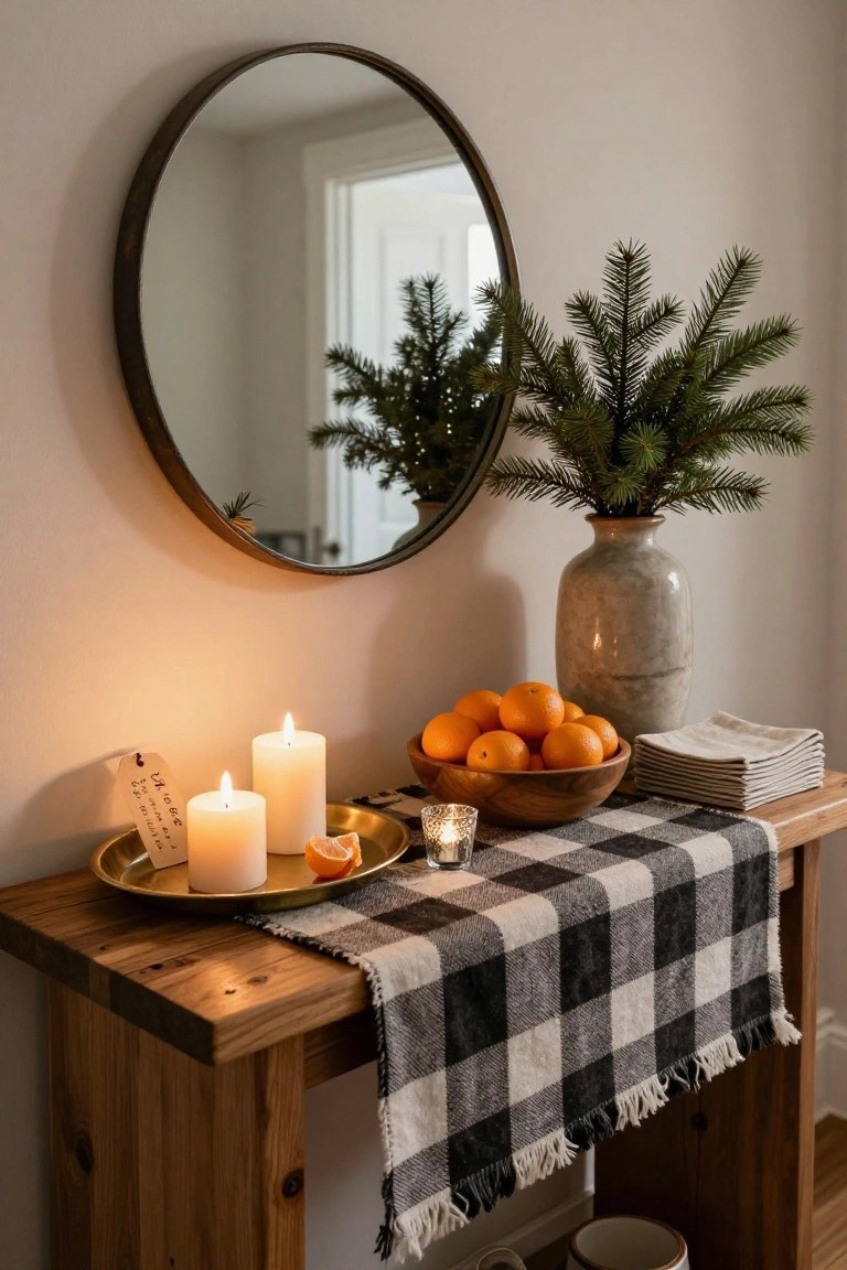A wooden table adorned with candles, oranges, a vase, and a buffalo check tablecloth.