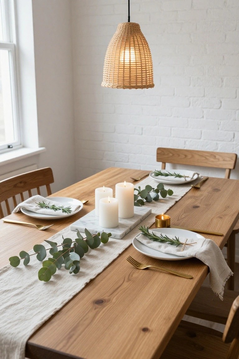 Wooden dining table with white linen runner edged in eucalyptus leaves, multiple white pillar candles, gold flatware, white plates with linen napkins tied in rosemary sprigs, wooden chairs, rattan pendant light overhead, white brick accent wall.