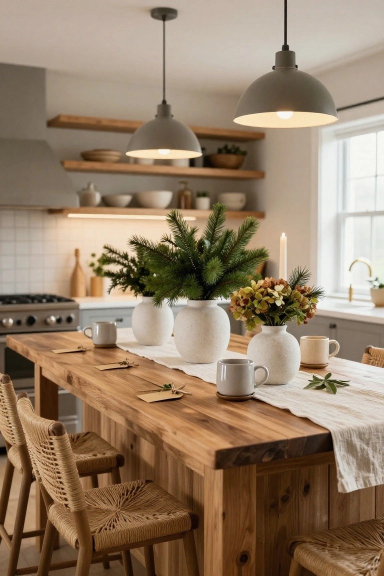 Kitchen island with wooden surface covered by white linen runner, topped with large white textured vases holding green fir branches and colorful dried flowers, small white pots, coffee mugs, tags, candle, and rattan stools nearby.