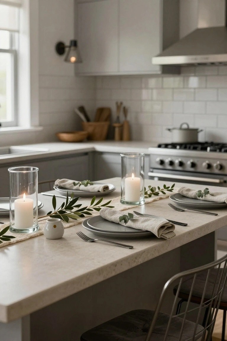 Kitchen island table set for four with gray plates, folded beige linen napkins garnished with eucalyptus leaves, two tall clear glass cylinders each holding a white pillar candle, a runner of green olive branches, and neutral flatware on a light quartz countertop.