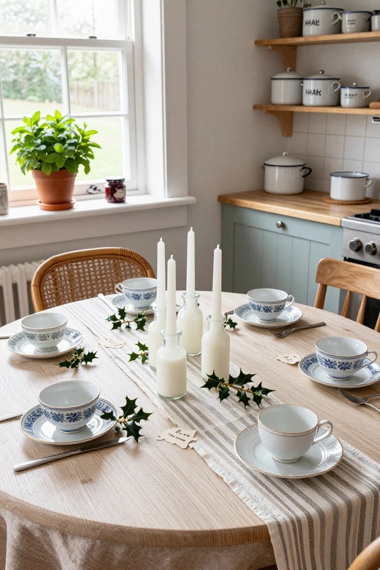 Round light wooden dining table in a kitchen set for tea with blue and white patterned china cups and saucers at each place setting, holly branches, white taper candles, glass milk bottles, and striped runner down the center.