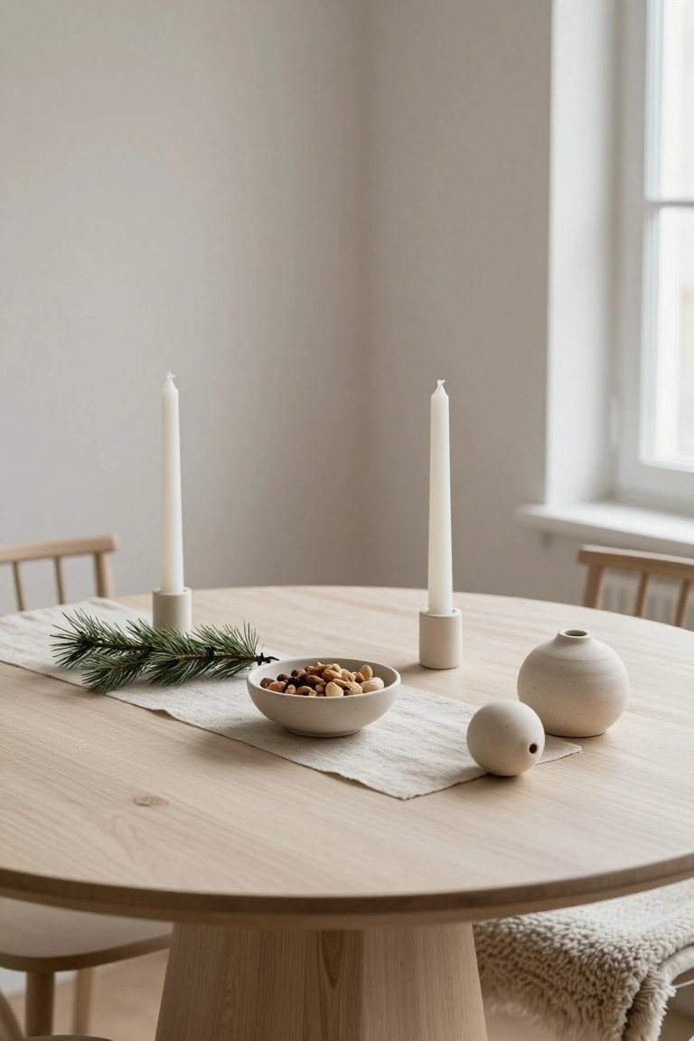 Minimalist dining table with candles, nuts, and decorative vases, featuring neutral colors and natural materials.