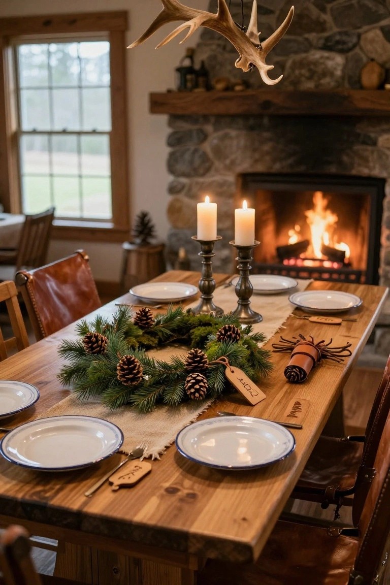 Rustic wooden dining table with a flat pine wreath centerpiece decorated with pinecones, white plates, candles on candlesticks, and a stone fireplace in the background.