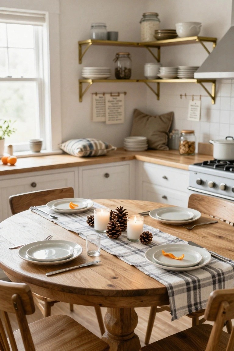 Wooden round dining table in a light kitchen with plaid runner, scattered pinecones, white pillar candles, white plates topped with orange slices, glasses, and wooden chairs.