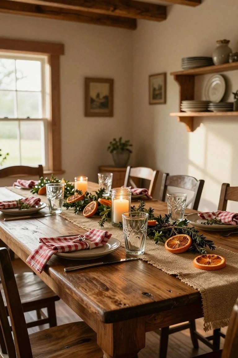 Wooden farmhouse dining table set for Christmas with burlap runner, garland of greenery and dried orange slices, pillar candles in jars, plaid napkins, plates, and glassware in a light-filled room with wooden beams and shelves.