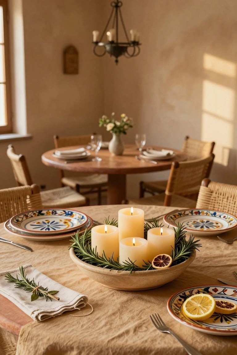 Close-up of a wooden dining table set with a central shallow wooden bowl filled with rosemary branches and five beige pillar candles, colorful patterned plates with food remnants, linen napkins with rosemary sprigs, and rattan chairs around a round wooden table in a beige-walled room with chandelier lighting.