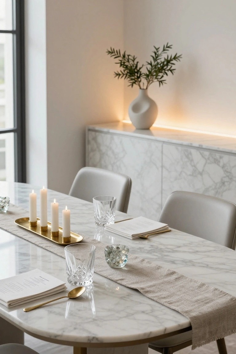 Close-up of a white marble dining table set with a gold tray holding four lit white taper candles in brass holders, a beige linen runner, glass tumblers, folded napkins, and a gold spoon.