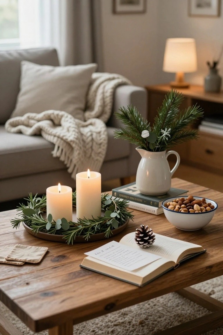 Cozy living room with candles, nuts, book, and greenery on a wooden table.