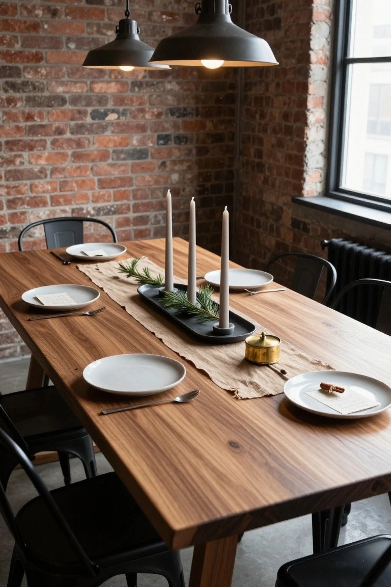 Dining table with beige linen runner, black rectangular tray holding three white pillar candles and evergreen branches, flanked by white plates and place settings, black metal chairs, brick walls, and pendant lights.