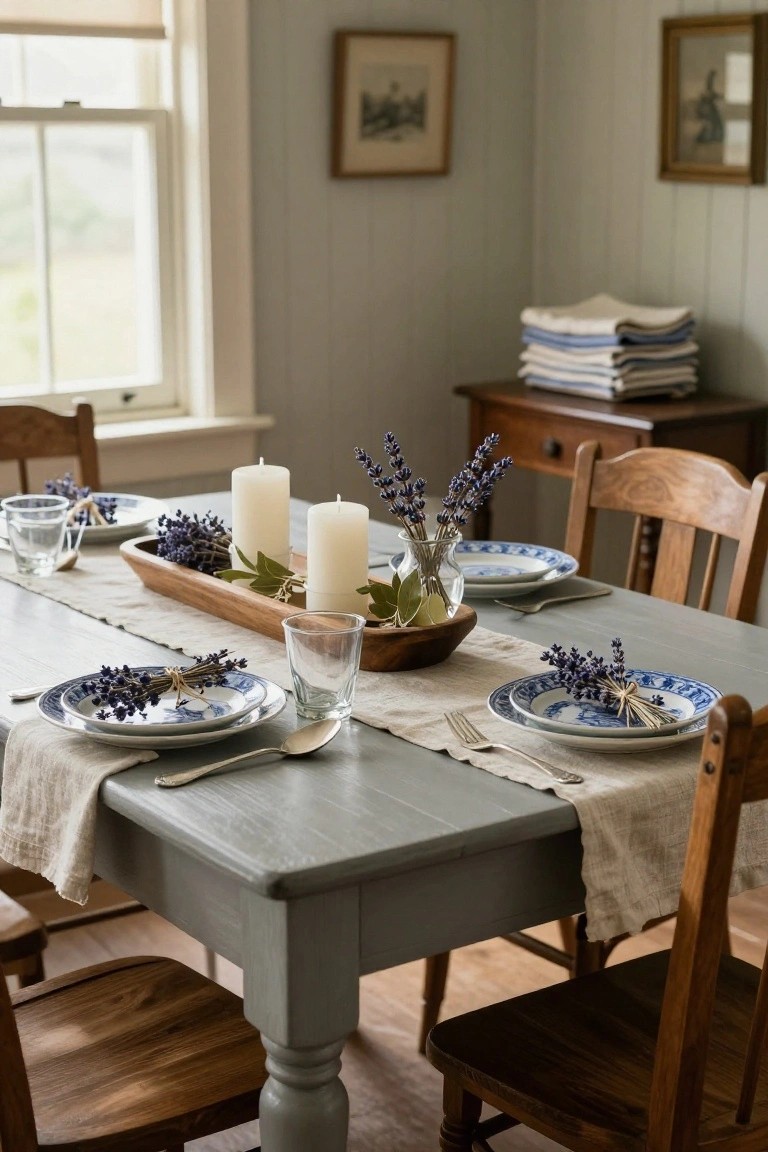 Gray painted wooden dining table in a white paneled room, set with blue and white plates garnished by twine-tied lavender bundles, a central wooden trough holding lavender stems, bay leaves, white candles, and glass vases, with wooden chairs and linen runner.