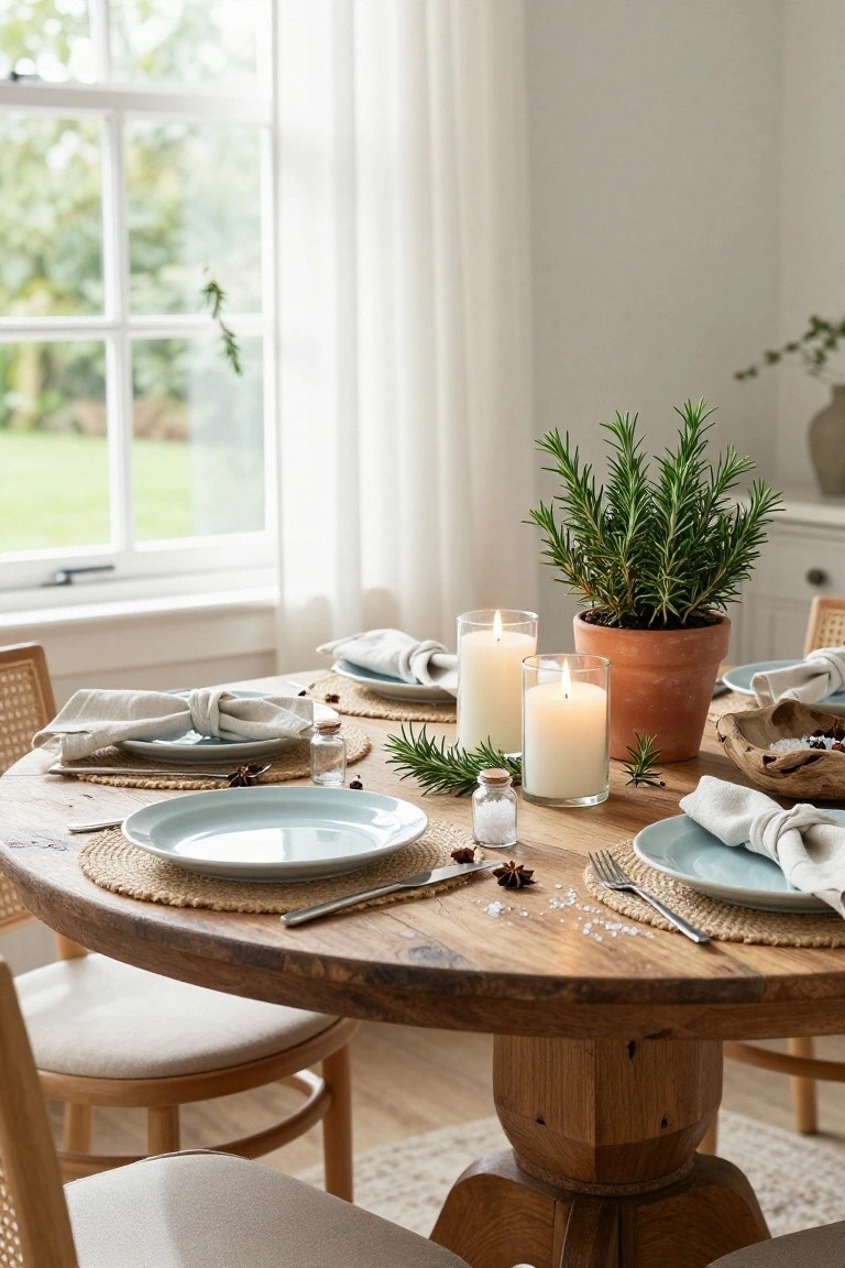Round wooden dining table set with blue plates, linen napkins tied with rosemary sprigs, potted rosemary plant, pillar candles, glass salt shaker, star anise, and woven placemats, next to a window overlooking a green lawn.