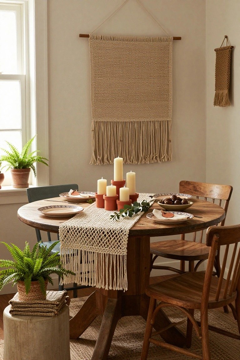 Round wooden dining table set with white plates, a crocheted runner, clusters of white pillar candles in terracotta pots, eucalyptus leaves, and bowls of round nuts, in a beige room with wooden chairs, plants, and woven wall hangings.
