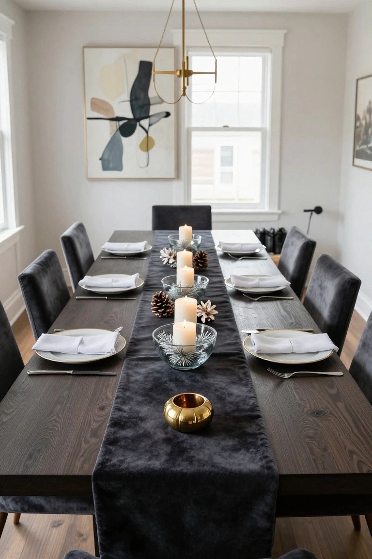 Dining room table with dark wood surface covered by a gray velvet runner holding white candles in glass containers, pinecones, and metallic accents, set with white plates and napkins on gray velvet chairs.