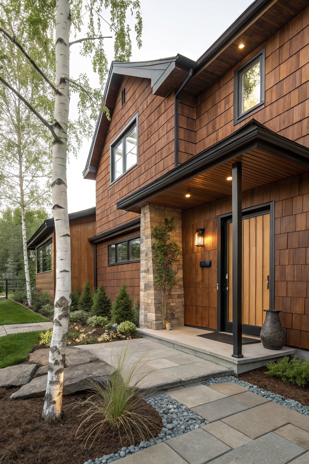 Brown wood shingle house exterior featuring a covered entry porch supported by a stone pillar, wood door with black frame, and surrounding landscaping with birch trees and a stone path.
