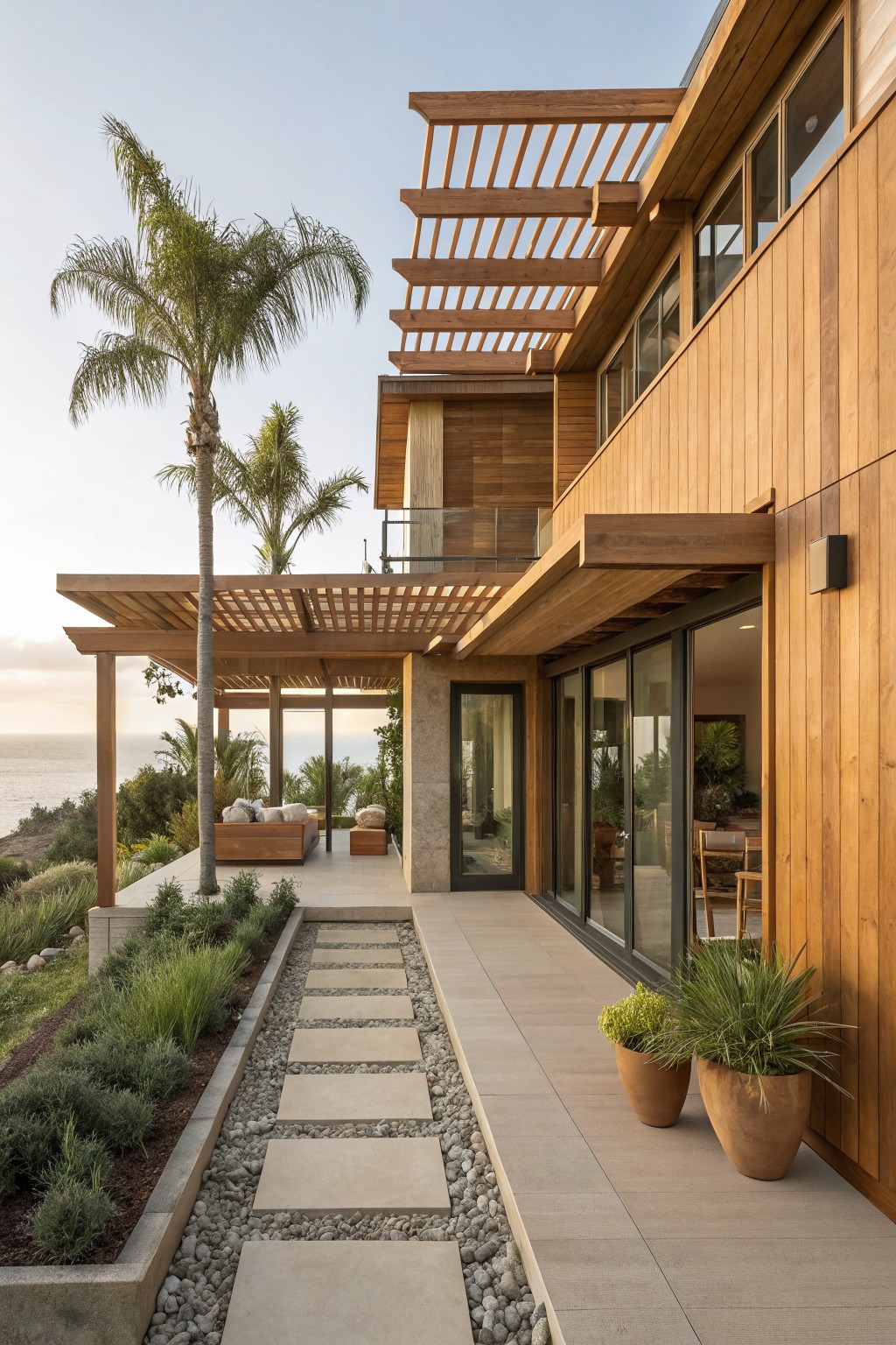 Two-story modern house exterior with vertical brown wood cladding, overhanging wooden pergola shading a terrace with cushioned seating and low plants, stone pathway edged with gravel and greenery, palm trees, and distant ocean view.