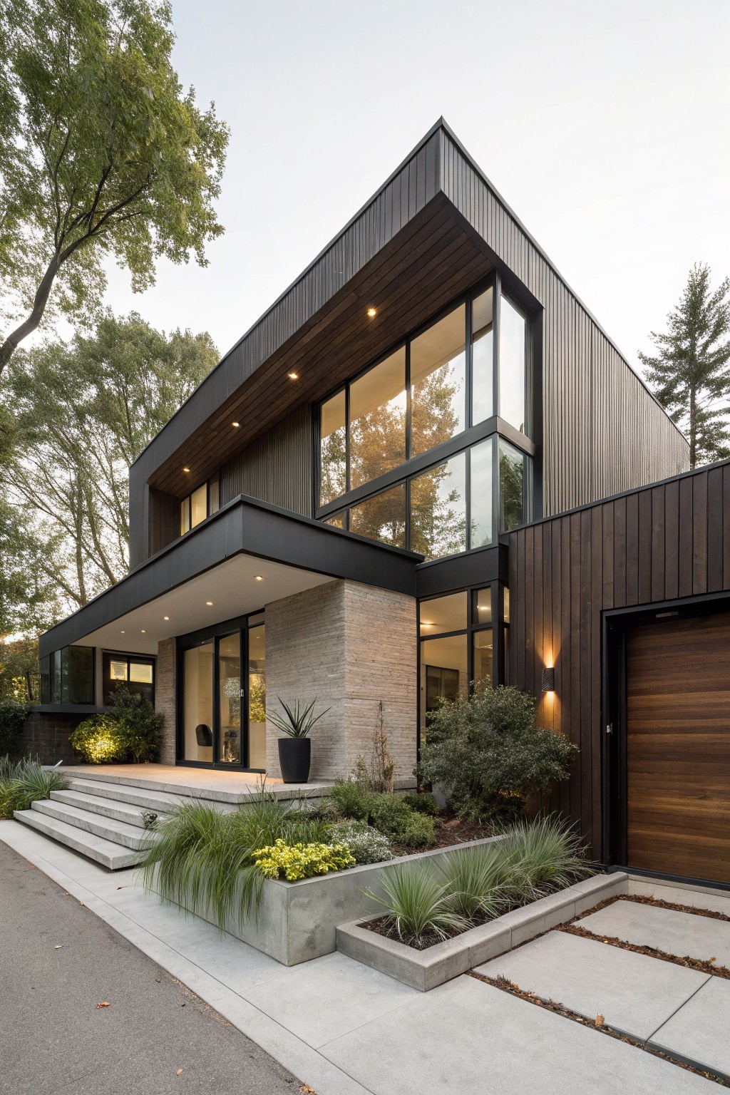 Modern two-story house exterior with dark vertical wood cladding, large glass windows, black metal framing, stone entryway, wood garage door, concrete steps, and landscaped planters along the driveway.