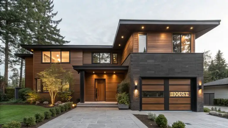 Modern two-story house exterior with brown horizontal wood cladding, large black-framed windows, frosted glass entry door with "House" sign, brick accent pillar, black garage door, concrete steps and grid pathway, lawn, ornamental grasses, and trees at dusk.