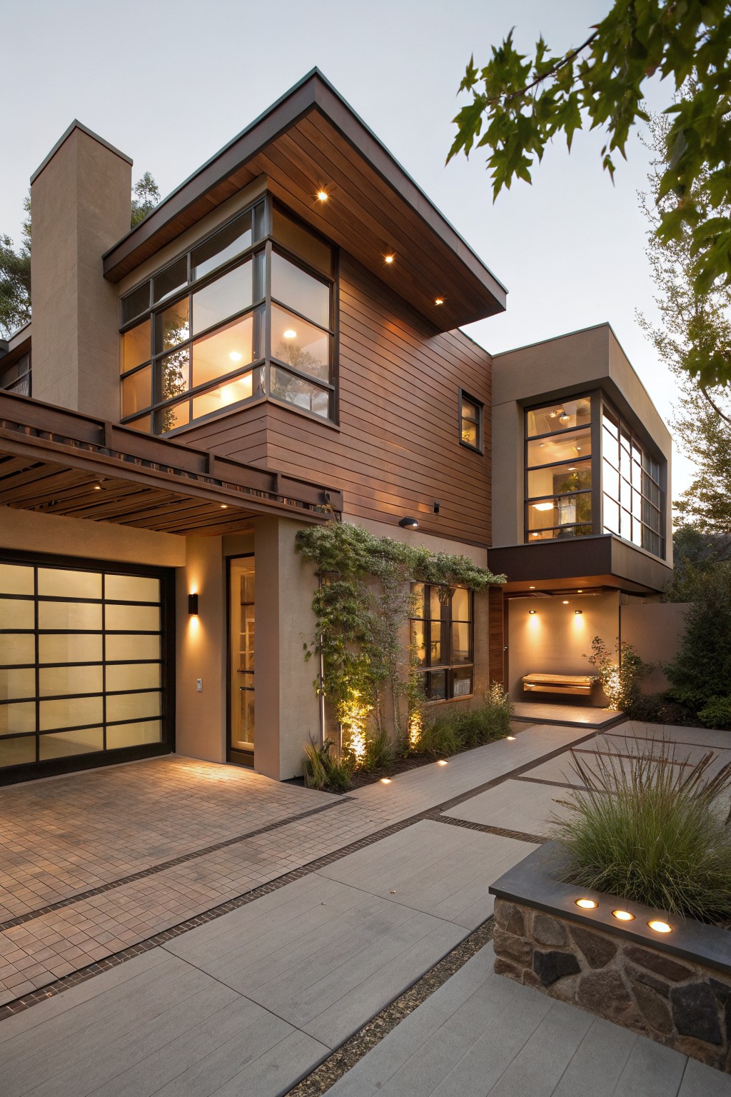 Modern two-story house exterior with brown horizontal wood cladding on upper sections, stucco lower walls, large glass corner windows, frosted glass garage door, entry canopy, pathway lighting, and low plantings at dusk.